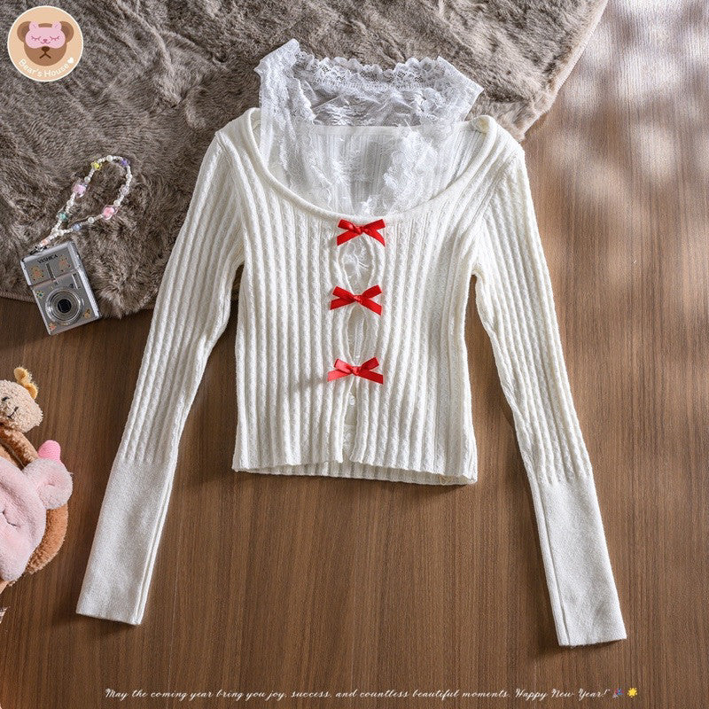 Penny Lace Set เซ็ท 2 ชิ้น เสื้อเเขนกุดลูกไม้ พร้อมกับเสื้อไหมพรมเเขนยาว งานป้าย