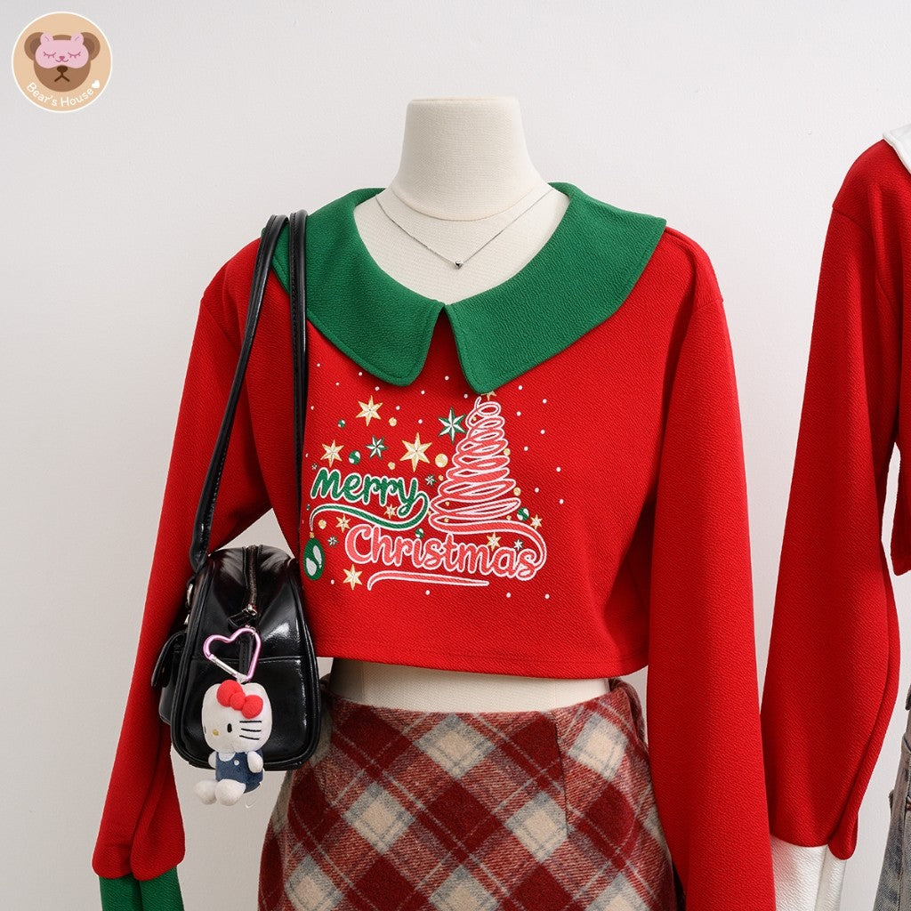 Merry Christmas Crop เสื้อครอปเเขนยาว คอบัว สกรีนลาย ผ้าวูลเวฟ