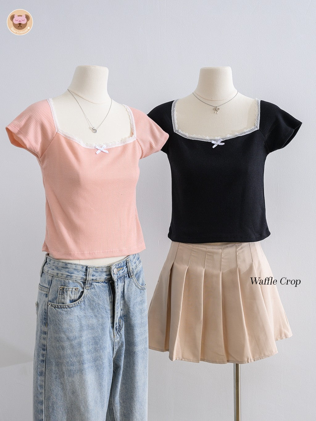 Waffle Crop เสื้อยืดครอปคอเหลี่ยม ดีเทลน่ารักเเต่งขอบลูกไม้ ติดโบว์จิ๋วผ้ามี Texture ในตัว