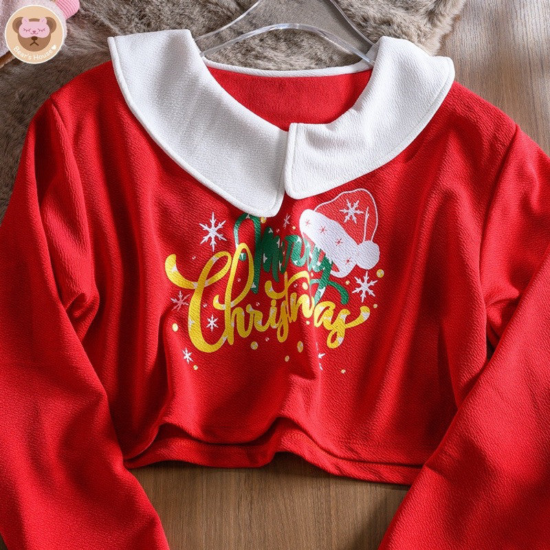 Merry Christmas Crop เสื้อครอปเเขนยาว คอบัว สกรีนลาย ผ้าวูลเวฟ