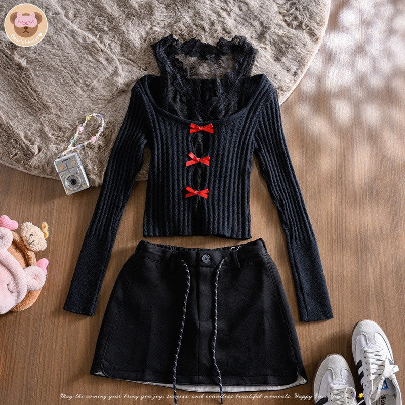 Penny Lace Set เซ็ท 2 ชิ้น เสื้อเเขนกุดลูกไม้  พร้อมกับเสื้อไหมพรมเเขนยาว งานป้าย