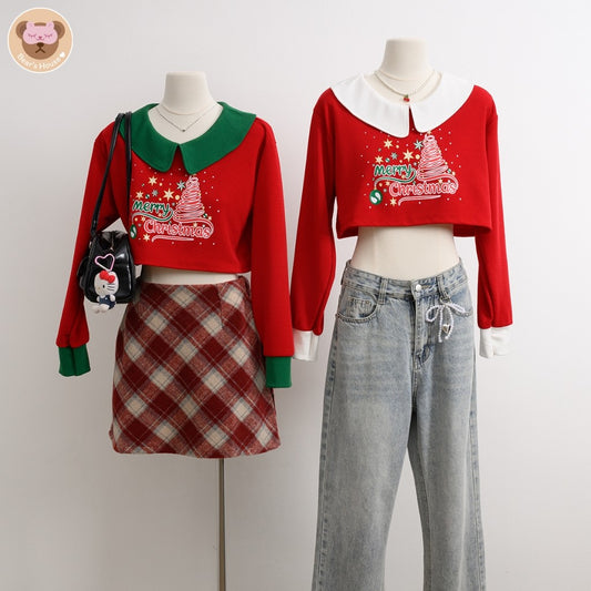 Merry Christmas Crop เสื้อครอปเเขนยาว คอบัว สกรีนลาย ผ้าวูลเวฟ