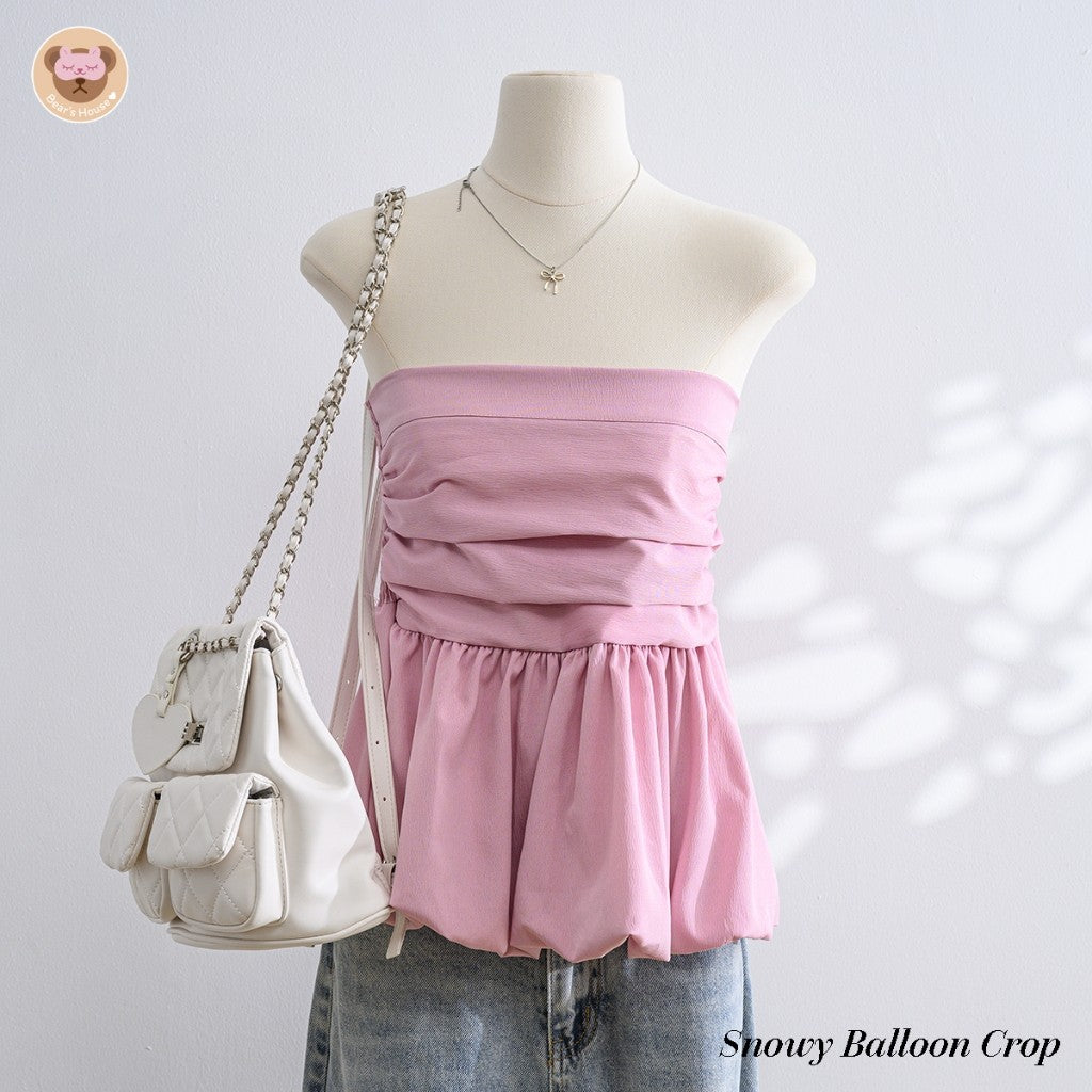 Snowy Balloon Crop เสื้อเกาะอก บอลลูน ผ้าครัช ดีเทลเเต่งจีบ หย่น ช่วงอก ด้านหลังสม็อค  เย็บ 2 ชั้น ไม่ต้องกลัวบาง