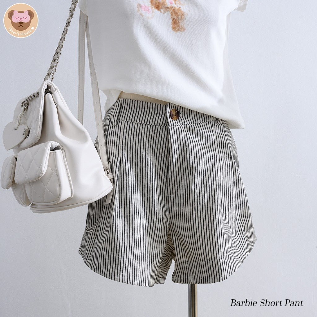 Barbie Short Pant กางเกงขาสั้นลายริ้ว ทรงบาร์บี้ ดีเทลมีกระดุมซิปหน้า ด้านหลังสม็อค ผ้ากึ่งยีนส์มีน้ำหนัก