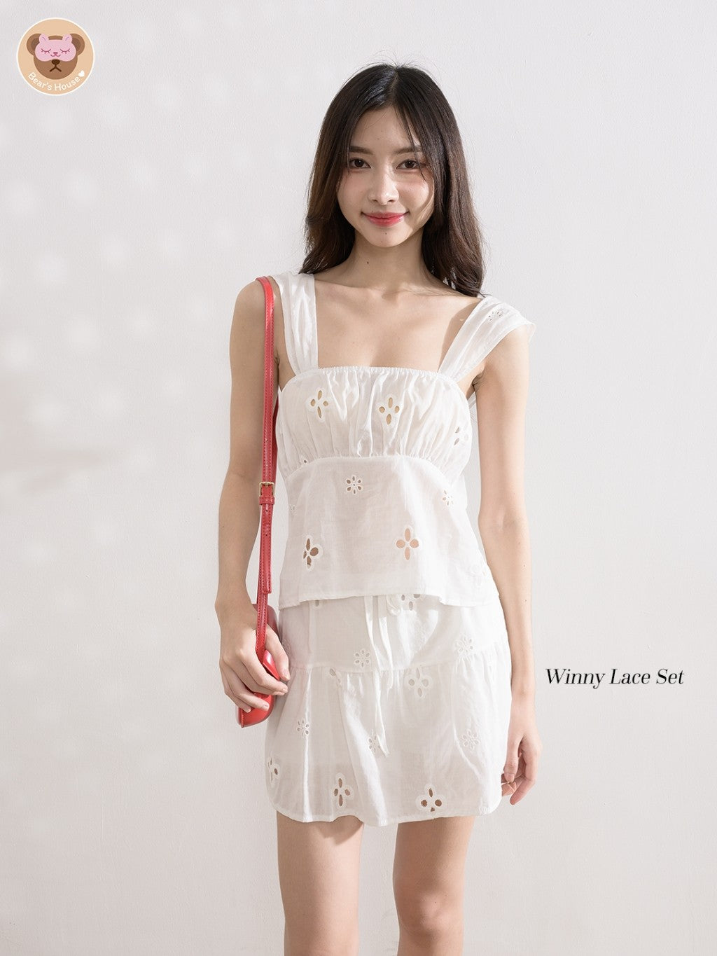 Winny Lace Set 2 ชิ้น เสื้อเเขนกุด+กระโปรงลูกไม้ฉลุ มีซับในทั้งตัว