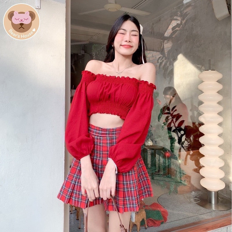 Holly Skirt กระโปรงพลีทสั้นลายสก็อตสีเเดง🎄🎅