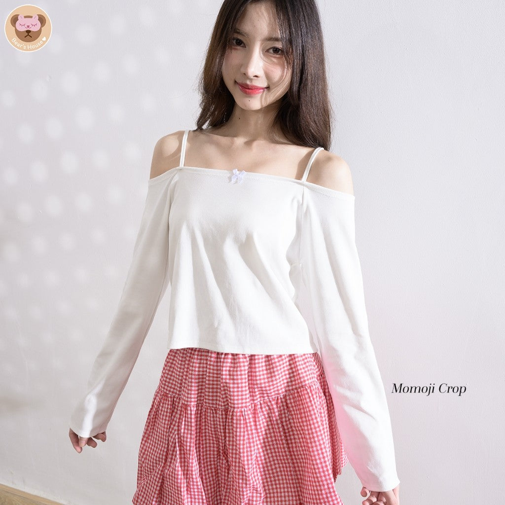 Momoji Crop เสื้อสายเดี่ยว ทรงปาดไหล่ผ้าร่องนิ่ม ดีเทลเเต่งริบบิ้นช่วงอก