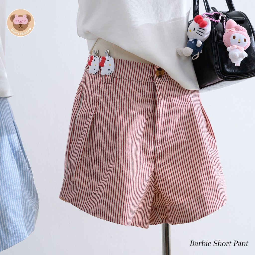 Barbie Short Pant กางเกงขาสั้นลายริ้ว ทรงบาร์บี้ ดีเทลมีกระดุมซิปหน้า ด้านหลังสม็อค ผ้ากึ่งยีนส์มีน้ำหนัก