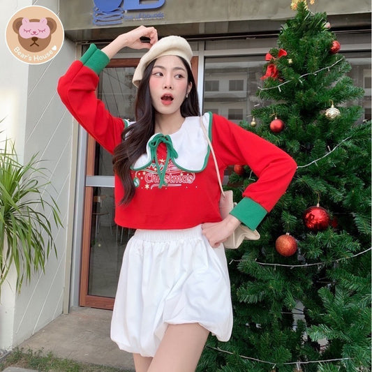 Jingle bell Christmas Crop เสื้อครอปเเขนยาว คอบัวใหญ่ สกรีนลาย🎄