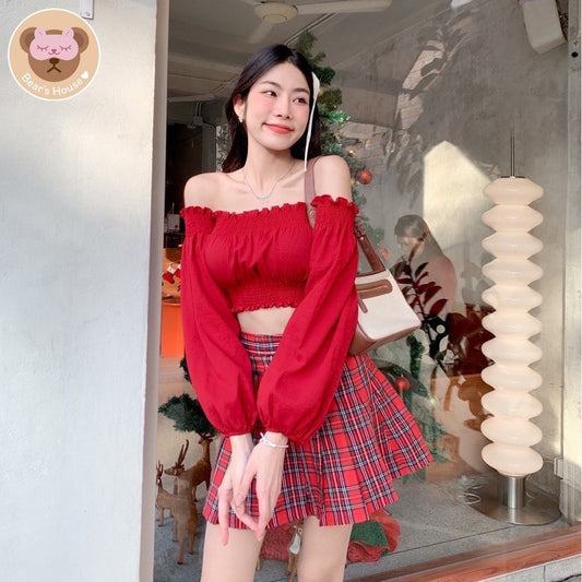 Holly Skirt กระโปรงพลีทสั้นลายสก็อตสีเเดง🎄🎅