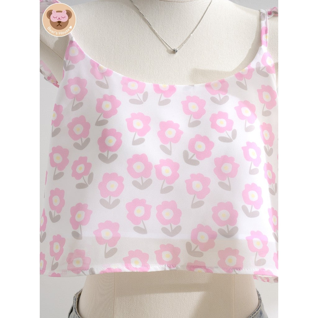 Pinky Pastel cami เสื้อสายเดี่ยวระบายอก ลายดอกไม้ ใส่ได้ 3 สไตล์😍